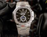 Replica Patek Philippe Nautilus Annual Calendar Moon Phases Black SS Diamond Bezel